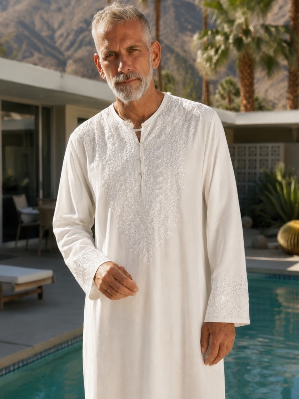 Men’s White Cotton Embroidered Full-Length Caftan 46” Chest Resort Lounge Robe